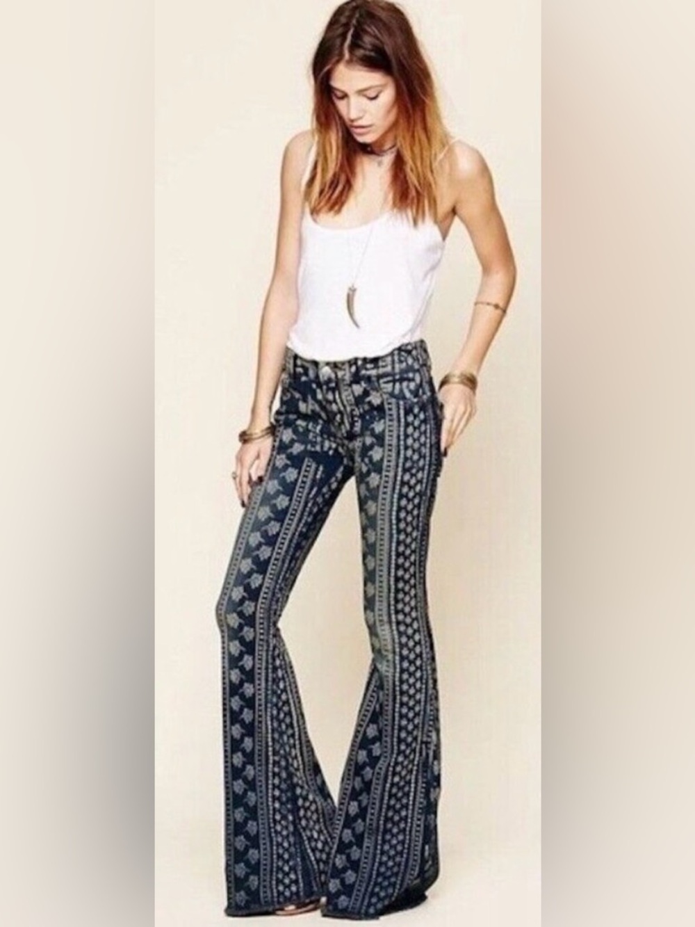 EUC Free People Mantra Bali Print Indigo Boho Festival Flares